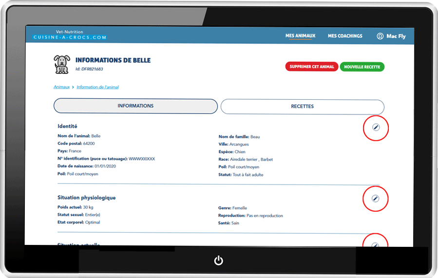 Editer les informations de mon chien